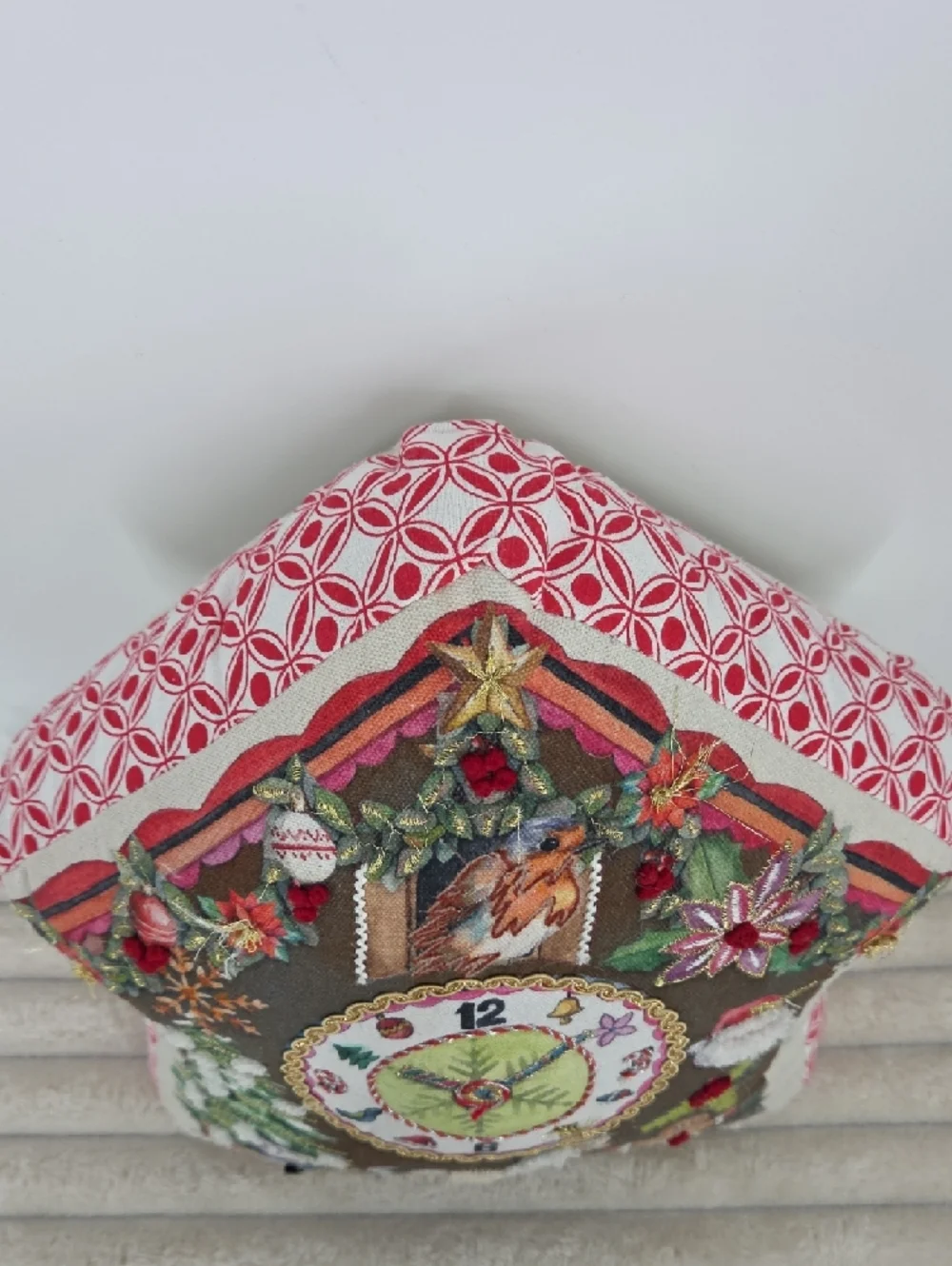 Embroidered Holiday House Pillow with Robin & Festive Motifs - Brown/Green